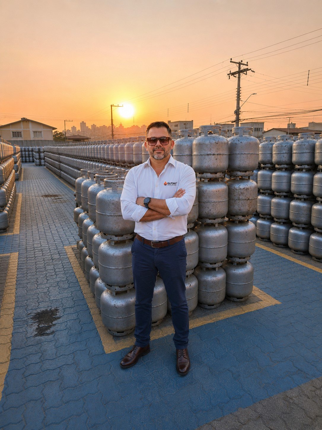 Nilson Cabral no pátio de botijões ao pôr do sol
